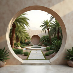 Circular archway framing a modern desert courtyard with palm trees