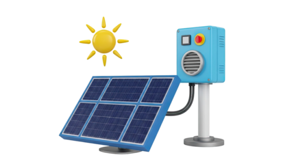 3D Render of Solar Panel and Control Box with Sun