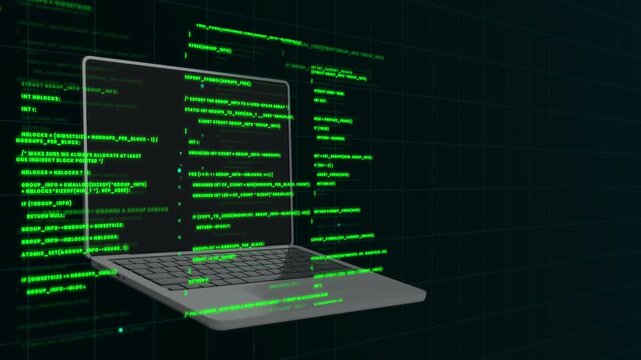 3D laptop featuring layers of green software code and binary scripts for web development and hacking concepts.