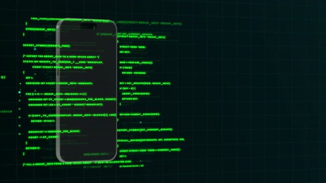 Mobile device displaying professional green programming scripts for software engineering and application development.