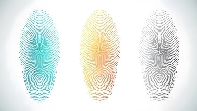 Three vertical fingerprint patterns in blue yellow and grey on white background - Powered by Adobe