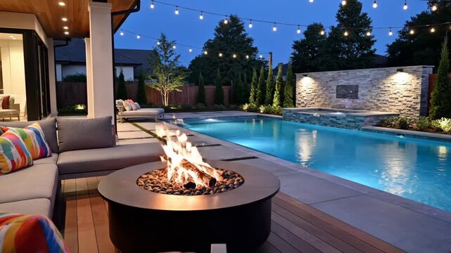 Luxury Backyard Pool at Twilight - A luxurious backyard features a swimming pool with hot tub, an outdoor lounge area with fire pit and string lights overhead at dusk.