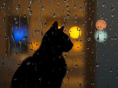Raindrops streak a glass pane, highlighting a content feline silhouette inside, enveloped by warmth,  tranquil,  comfort