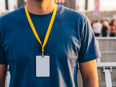 Person wearing a blank white ID card or badge on a yellow lanyard at an outdoor event or concert.