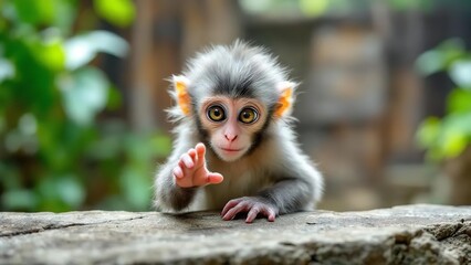 Fototapeta premium Adorable baby monkey with large round eyes and fluffy fur reaching out playfully towards the camera in a natural outdoor setting surrounded by blurred greenery and stone structures.