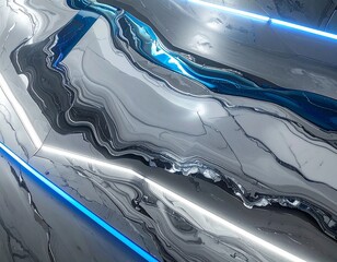 Abstract Flowing Liquid Surface with Neon Blue and White Light Streaks.