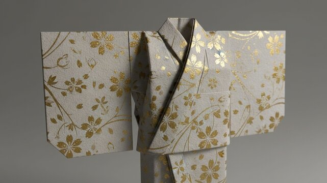Still life 3D origami kimono with traditional floral textures