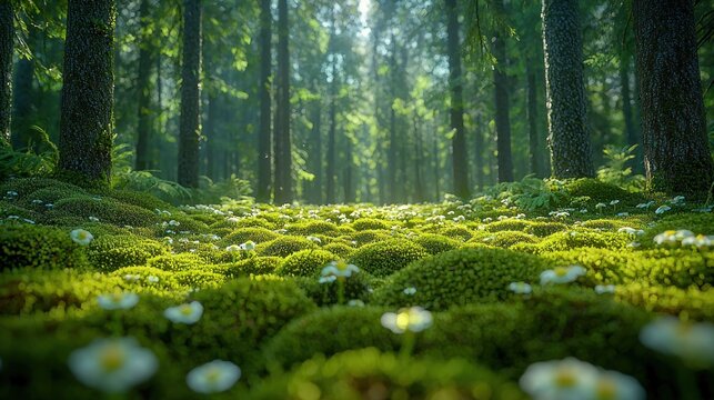 Lush forest floor bathed in sunlight