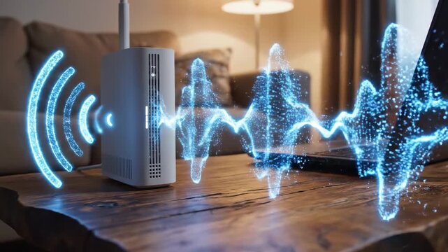 Modern Router with Wireless Signal - A modern, white router sits on a wooden table, emitting a digital representation of a strong wireless signal.