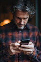 Fototapeta premium adult with gray hair in a plaid flannel shirt intently using a smartphone indoors with warm moody lighting, focused and absorbed