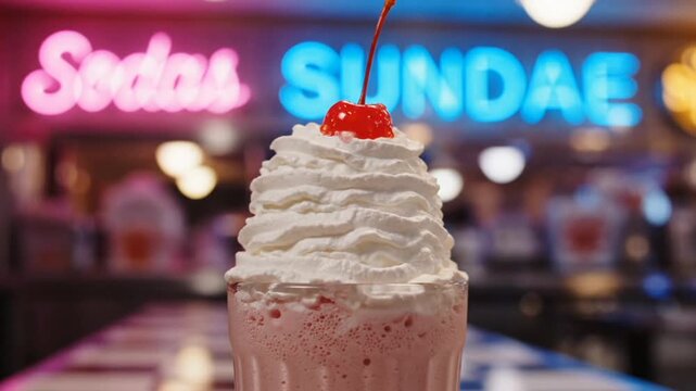 Close up of a delicious strawberry milkshake topped with whipped cream and a cherry, served in a retro diner setting