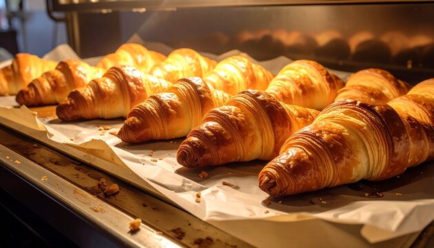 Golden brown croissants baking in an oven, a delicious bakery treat