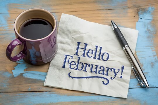  Hello, February greeting on napkin with coffee cup and pen.