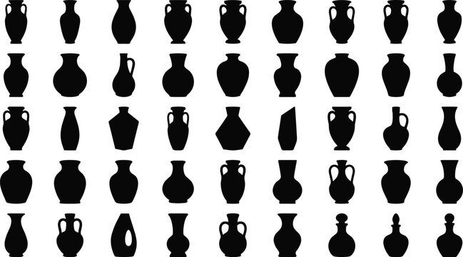 Black ceramic vase silhouettes vector set, antique pottery and amphora shapes collection, decorative vessel icons isolated on white background illustration