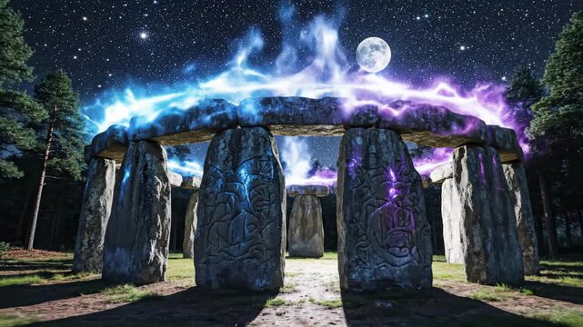 Stonehenge at Night with Magical Lights - A mystical scene of Stonehenge at night is shown with a full moon and starry sky.