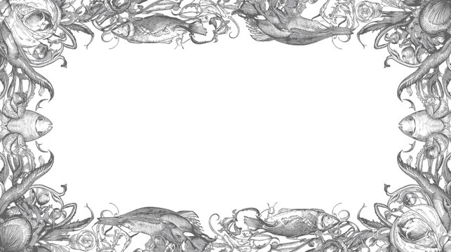 Intricate grayscale illustration of an underwater marine life frame with fish, tentacles, and coral-like elements surrounding a blank center.