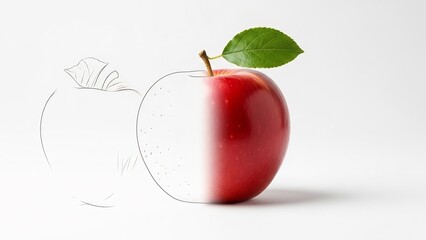 Red Apple with Green Leaf and Line Art