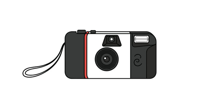 Clean and simple illustration of a disposable film camera in black, white, and red, complete with a flash and wrist strap.