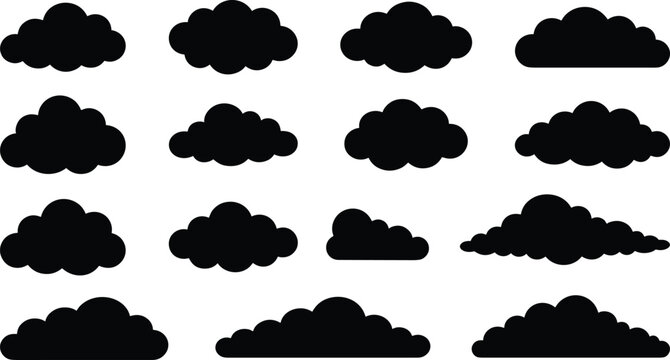 Black cloud silhouettes vector set, weather sky icons collection, simple cloud shapes isolated on white background illustration design