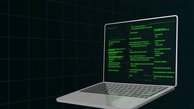 Perspective view of a laptop screen filled with green coding lines for software architecture and data processing.