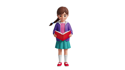 Animated girl in purple jacket and blue skirt reading a red book