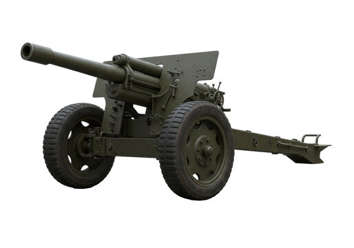 A vintage mid-20th century military howitzer in weathered olive drab, isolated on a transparent studio background. Concept of historical military technology