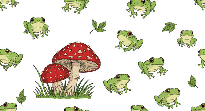 Cute and charming seamless pattern featuring little green tree frogs and red amanita mushrooms scattered on a plain white background.