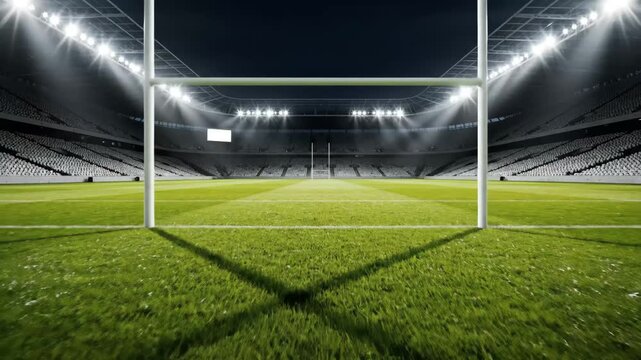 Empty Sports Stadium at Night - The video shows an empty stadium at night, with the view focusing on the field and goalposts.