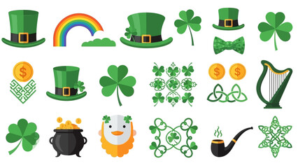 Obraz premium A vibrant collection of St. Patrick's Day icons featuring leprechauns, shamrocks, and festive hats in a digital illustration