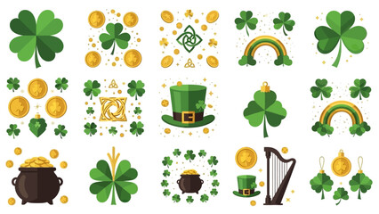Collection of St. Patrick's Day Symbols and Icons Featuring Shamrocks, Rainbows, and Gold Coins