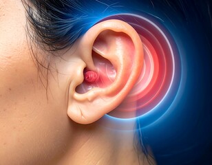 Human ear with red and blue concentric circles radiating outward, indicating pain or infection