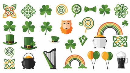 Vibrant St. Patrick's Day Celebration Icons Featuring Leprechaun, Shamrocks, and Rainbow Elements