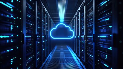 Secure cloud computing infrastructure inside modern IT data center server racks, glowing cloud symbol for digital storage and networking, ideal for technology presentations and cloud service concepts