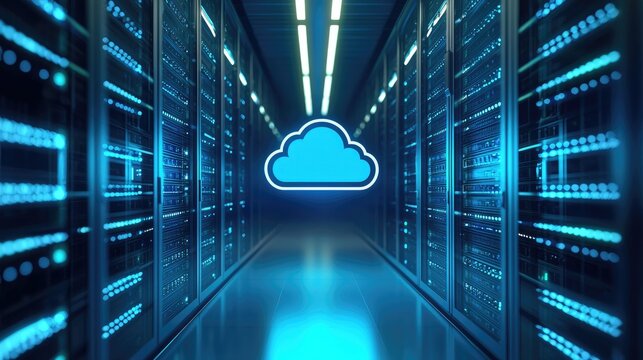 Secure cloud computing infrastructure inside modern IT data center server racks with glowing cloud icon, showing digital storage, networking, and enterprise cloud technology