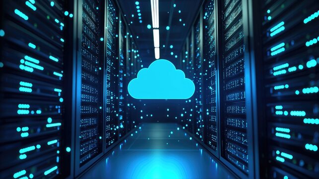 Cloud computing infrastructure inside modern IT data center with glowing cloud icon, secure server racks and digital network flow, ideal for cloud services, hosting platforms and enterprise technology - Powered by Adobe