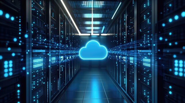 Secure cloud computing infrastructure inside modern IT data center server racks with glowing cloud icon, visualizing data flow, networking, and enterprise cloud technology