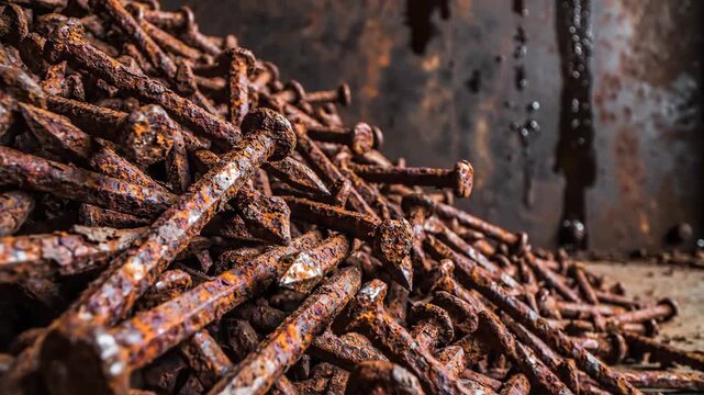 Pile of Rusty Nails - A close-up shot shows a large collection of rusty, old nails in a heap. The nails have a pronounced orange and brown rust coating, and they are arranged in a chaotic pile,