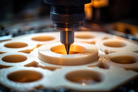 close-up of a milling cutter drilling precise circular holes in a white plastic sheet under warm lighting, evoking focus and industrial craftsmanship
