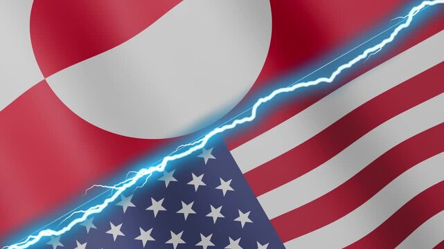 Two waving flags Greenland and United States with diagonal lightning 4k loop