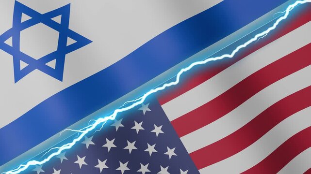 Two waving flags Israel and United States with diagonal lightning 4k loop
