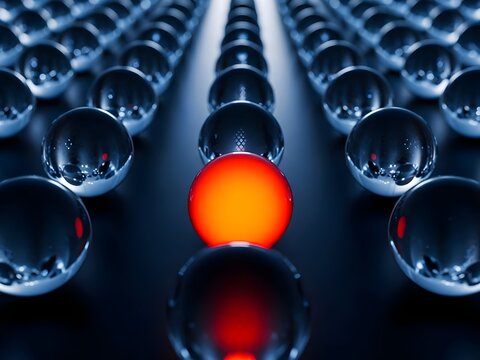Single red sphere among uniform blue sphere grid representing anomaly detection in sensor array or data pattern. Copy space