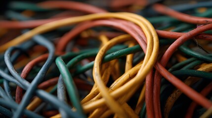 ro view of a tangled heap of colorful electrical wires and cords showing texture and disorder