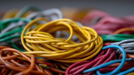 A close up  ro view of a tangled pile of colorful rubber bands and thin wires