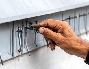 Human hand selects a metal hanger from many hanging on a gray metal panel