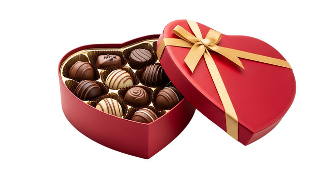 Open heart shaped box of assorted chocolates isolated on transparent background