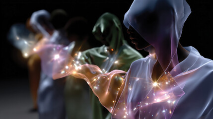 A serene portrayal of shadowy figures cloaked in fabrics emitting sparkling light, symbolizing mystery and human connection in a visually captivating scene.