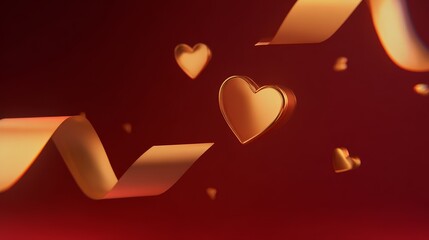 Luxurious Valentine's Day background, metal gold heart and elegant red gradient ribbon dynamic effect, high-end flat vector style, soft halo, minimalist high-end atmosphere and clean white space