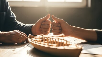 Intergenerational Bonding: Mentor and Apprentice Building a Wooden Model Together in Warm Workshop


