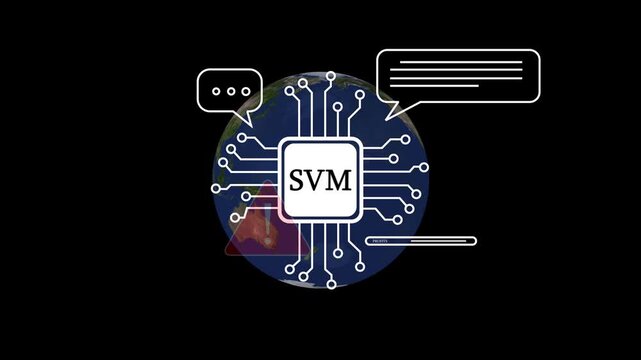 Digital Circuit Board with SVM Chip and Warning Symbol on Black Background technology