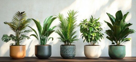 Fototapeta premium Five lush indoor potted plants in varied ceramic pots on a wooden shelf against a sunlit textured wall, evoking a calm and refreshing atmosphere